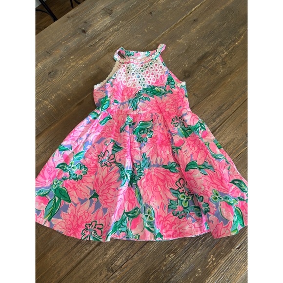 Girls Lilly Pulitzer Pink Floral Dress Eyelet Halter Neckline Party - Picture 1 of 3